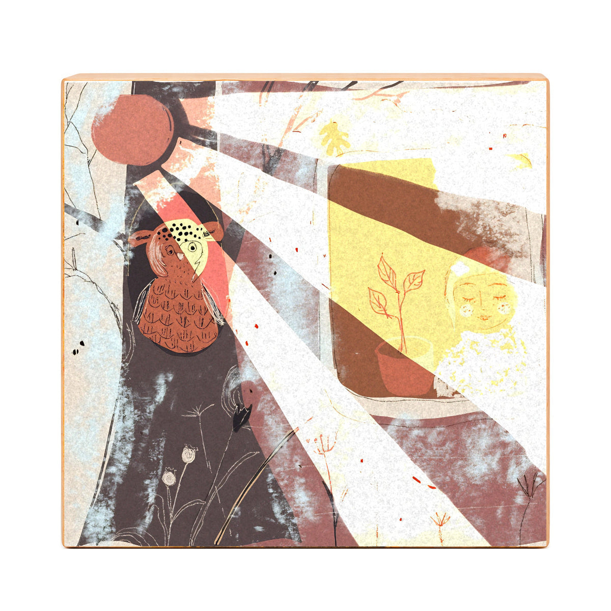 Morning Sunlight: Girl in the Window and Owl in the Tree Art Print on Board