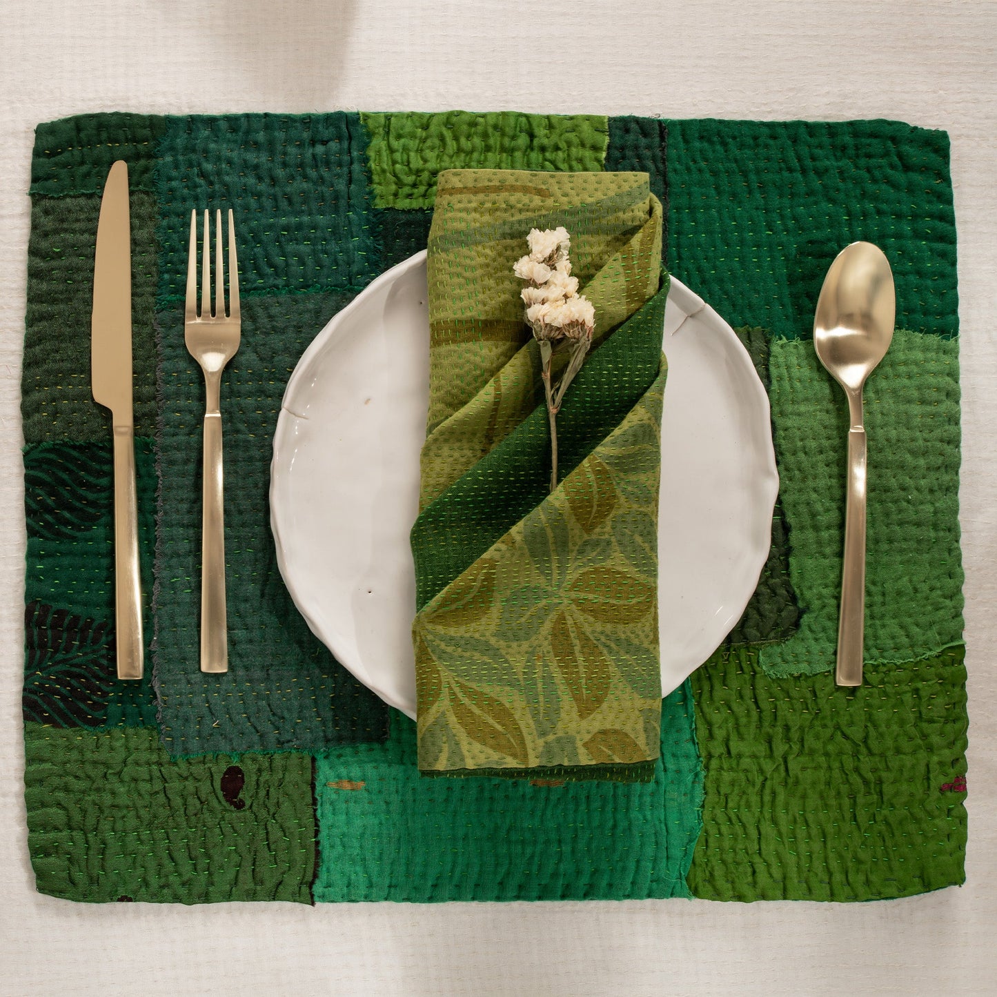 S/2 Landscape Fray Patch Vintage Kantha Placemat - Green