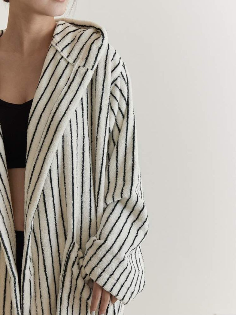 Scandi Retro 100% Long-stapled Cotton Stripe Hooded Bathrobe