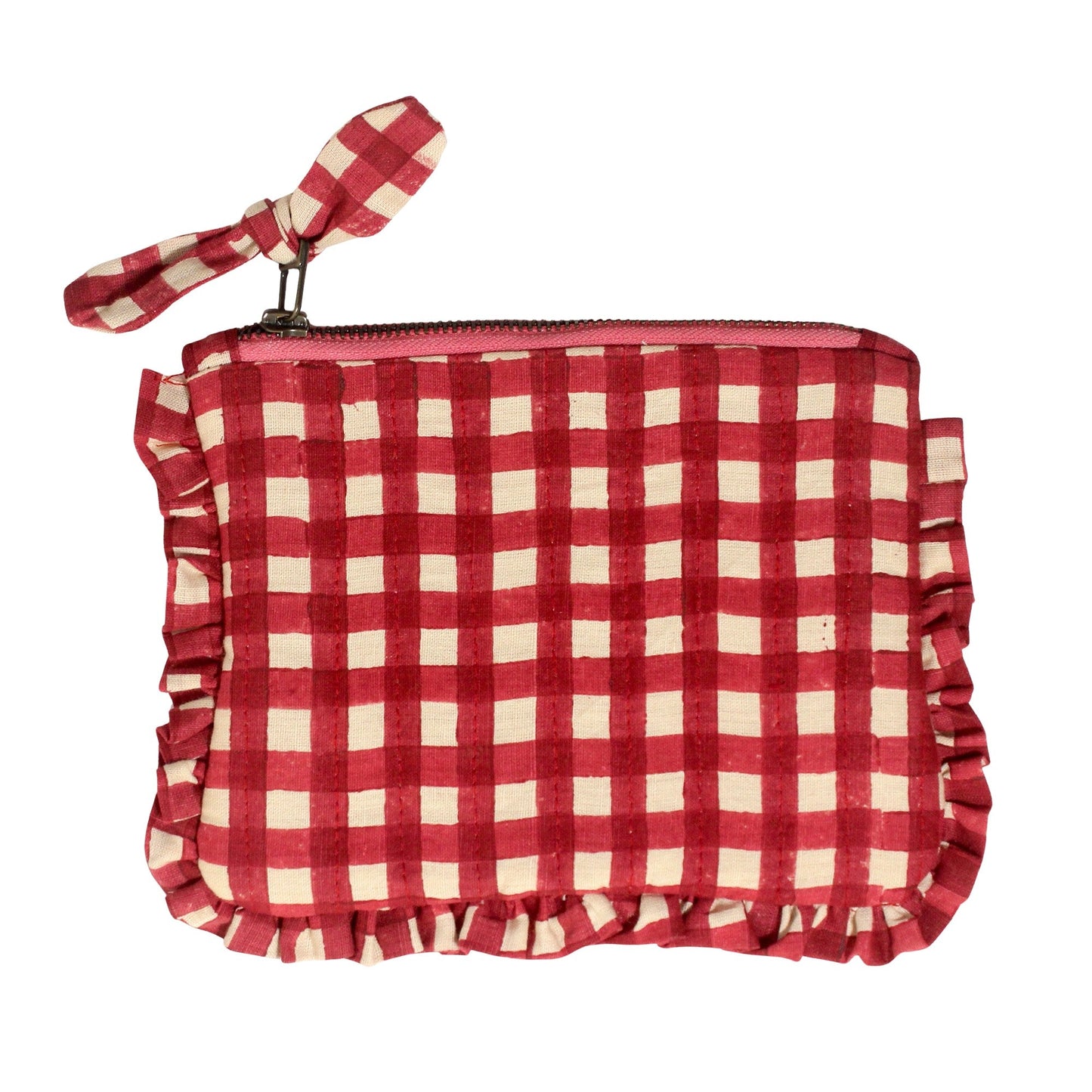 Quilted Cotton Travel Pouch with Red Checks and Ruffle Trim