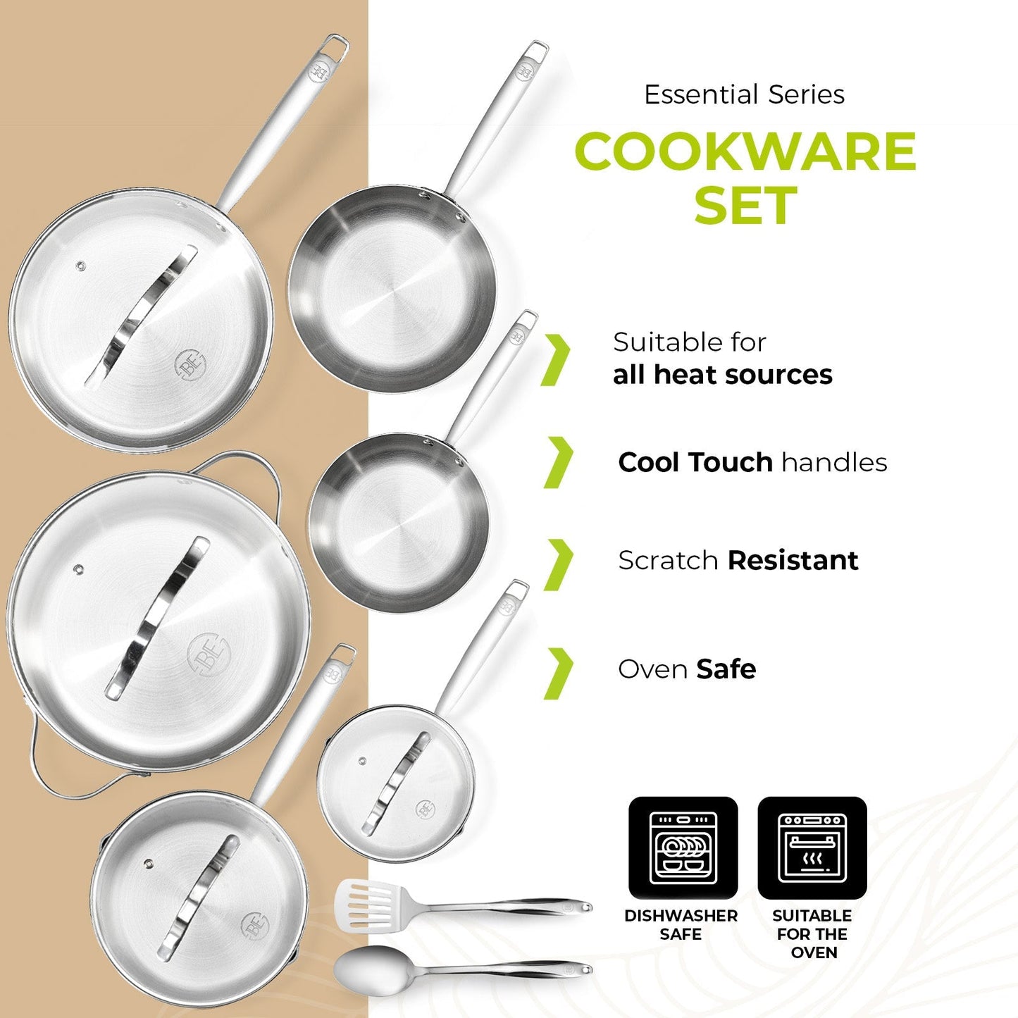 BE | LIVING Essential Series 12 pcs Cookware Set (Triply Stainless Steel)