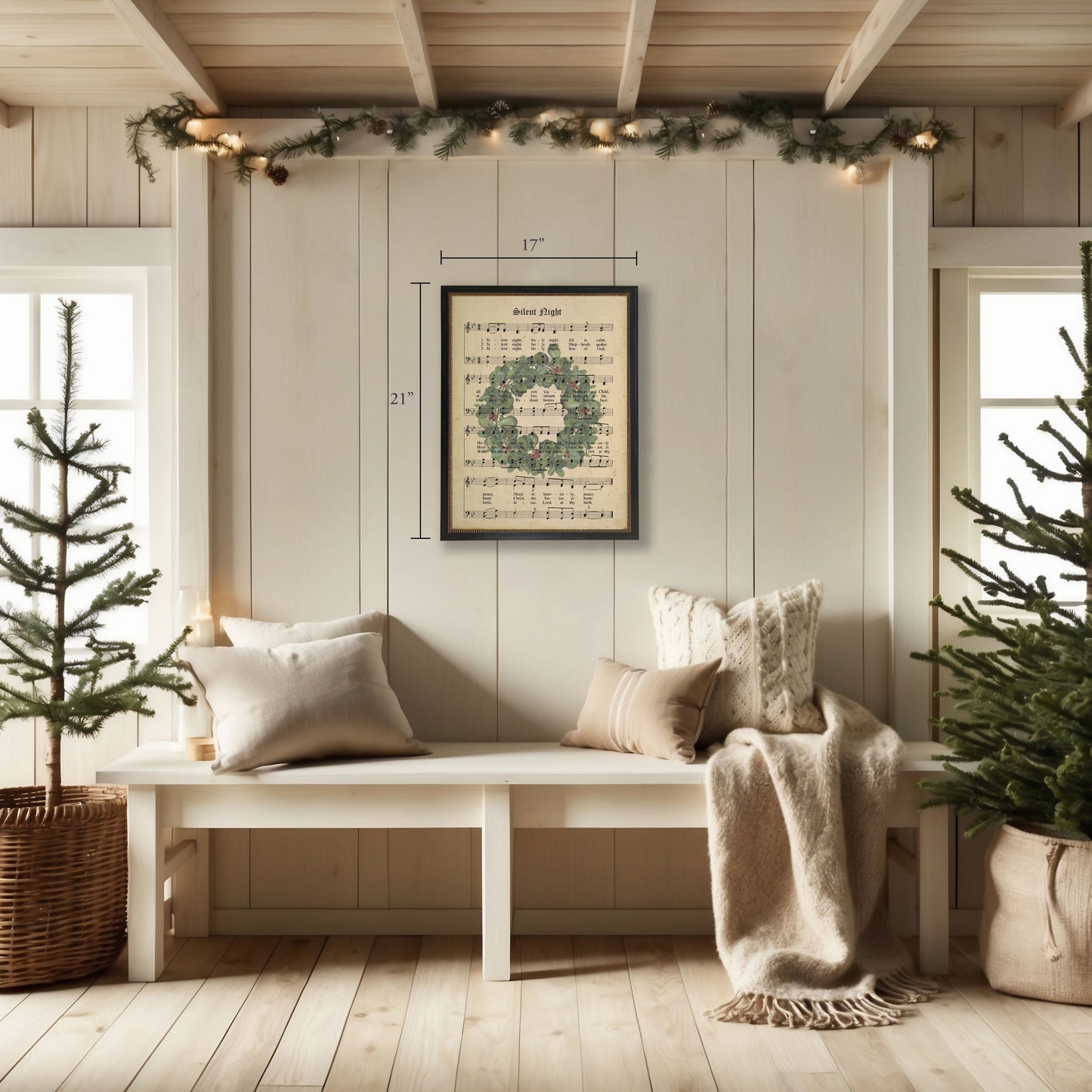 Silent Night Sheet Music With Wreath in Black and Gold Beaded Frame