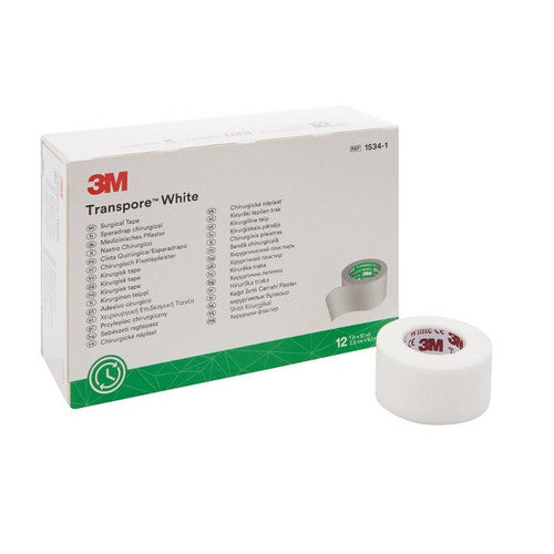 3M Medical Tape Transpore White 1 Inch X 10 Yard Plastic NonSterile, Box Of 12