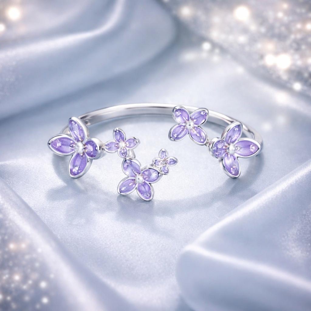 925 Sterling Silver White Gold Plated Ring with Enamel and CZ for Women