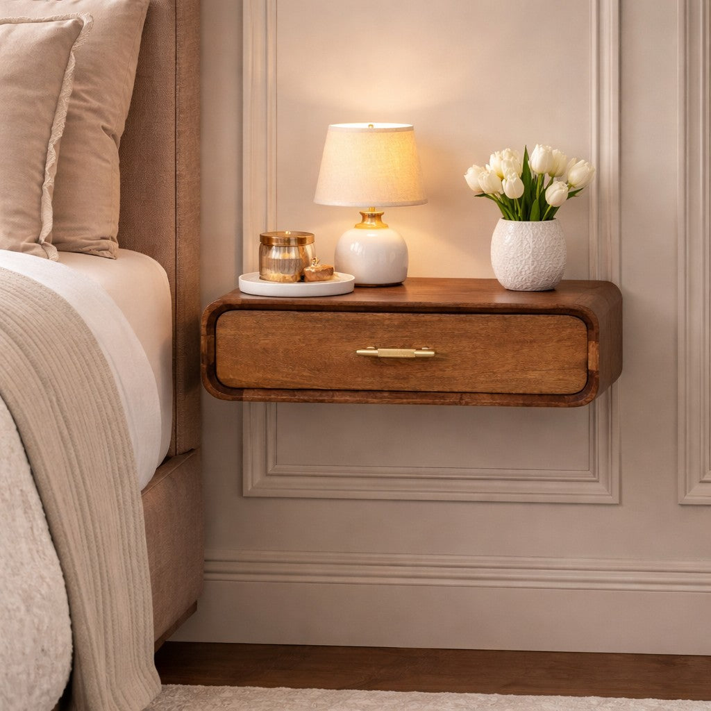 Solid Wood Curved Floating Bedside