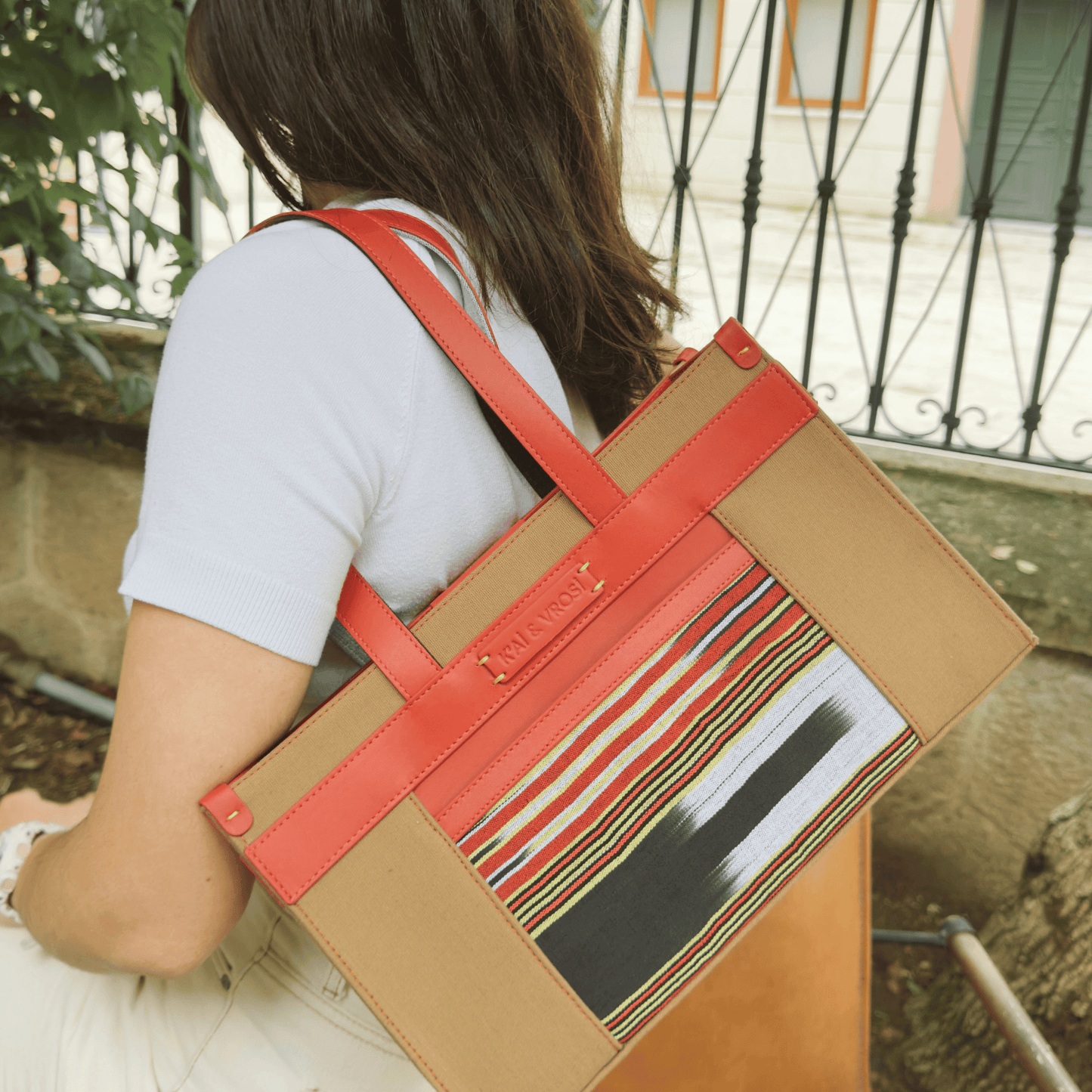 Midi Red Leather & Tobacco Canvas Tote Bag with Pockets