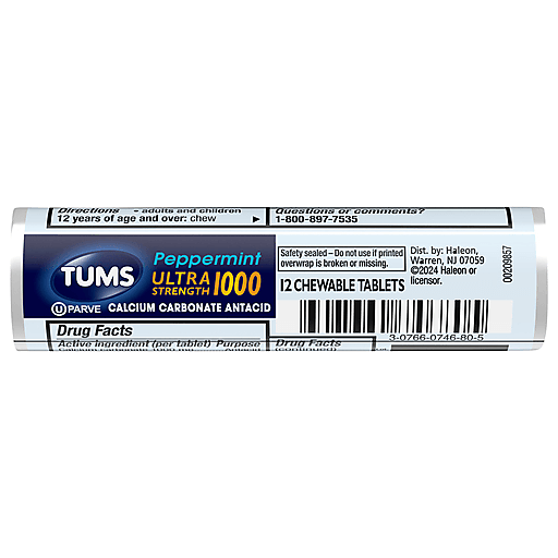Tums Ultra Strength Peppermint Antacid Chewable Tablets 12ct Roll