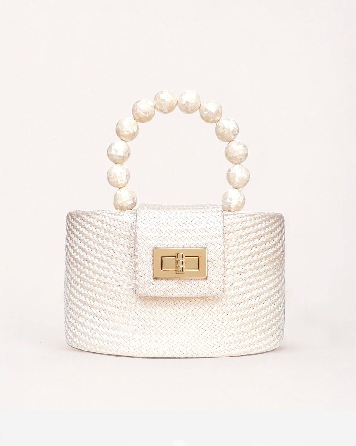 THE OLIVIA — Cream & Pearl Woven Straw Top-Handle Bag with Pearl Handle