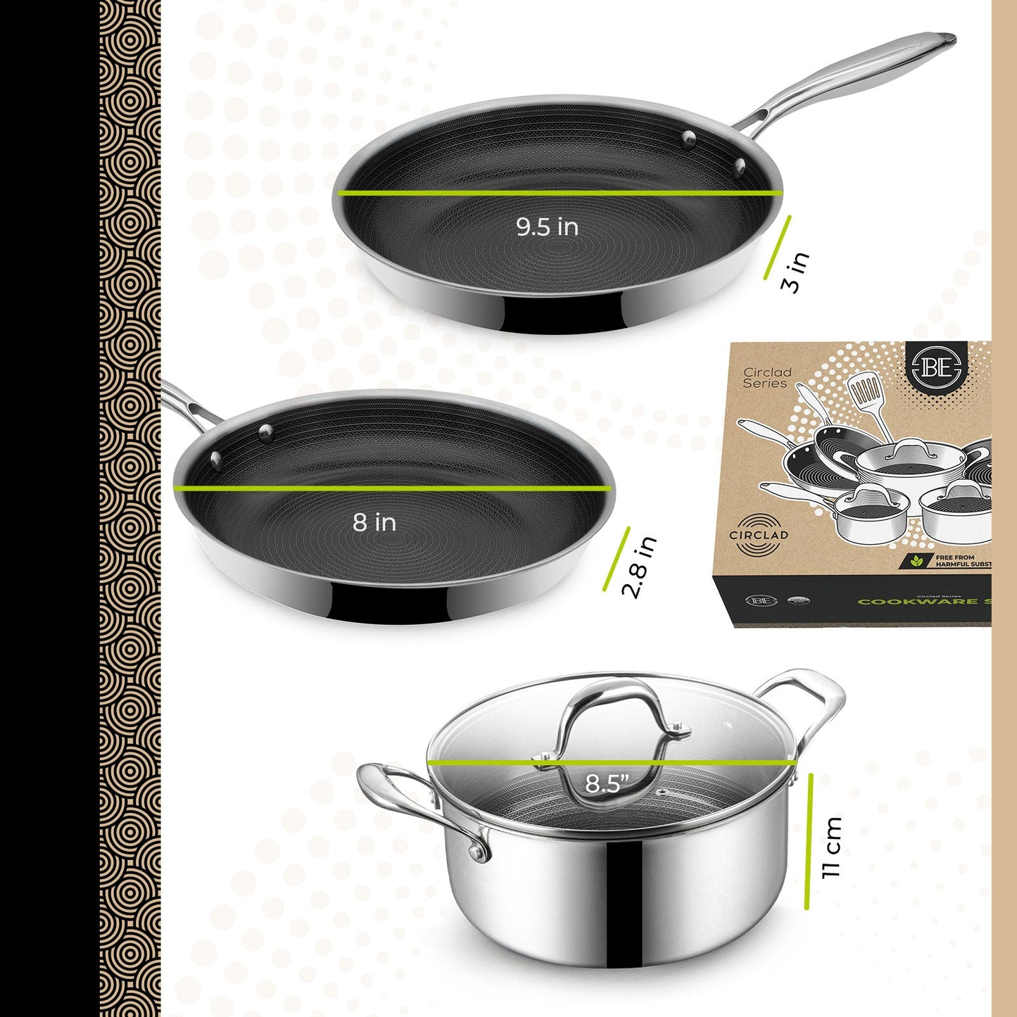 BE | LIVING - Circlad Series - 12 pcs Cookware Set - Triply Stainless Steel Circlad