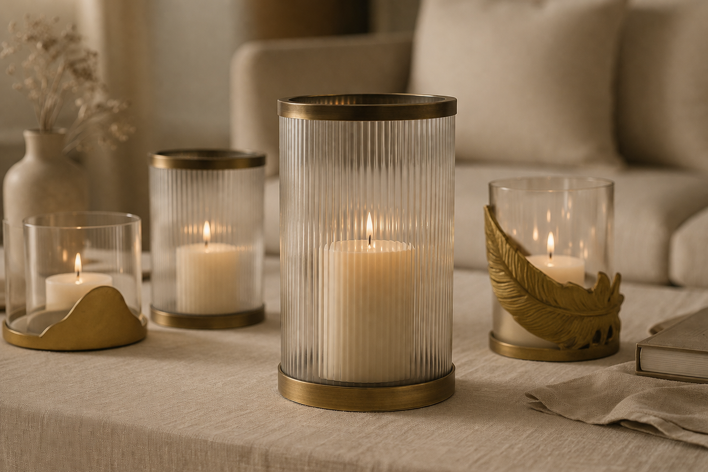 Raíz Studio Vetra Hurricane Holder with Ribbed Glass & Antique Brass Base