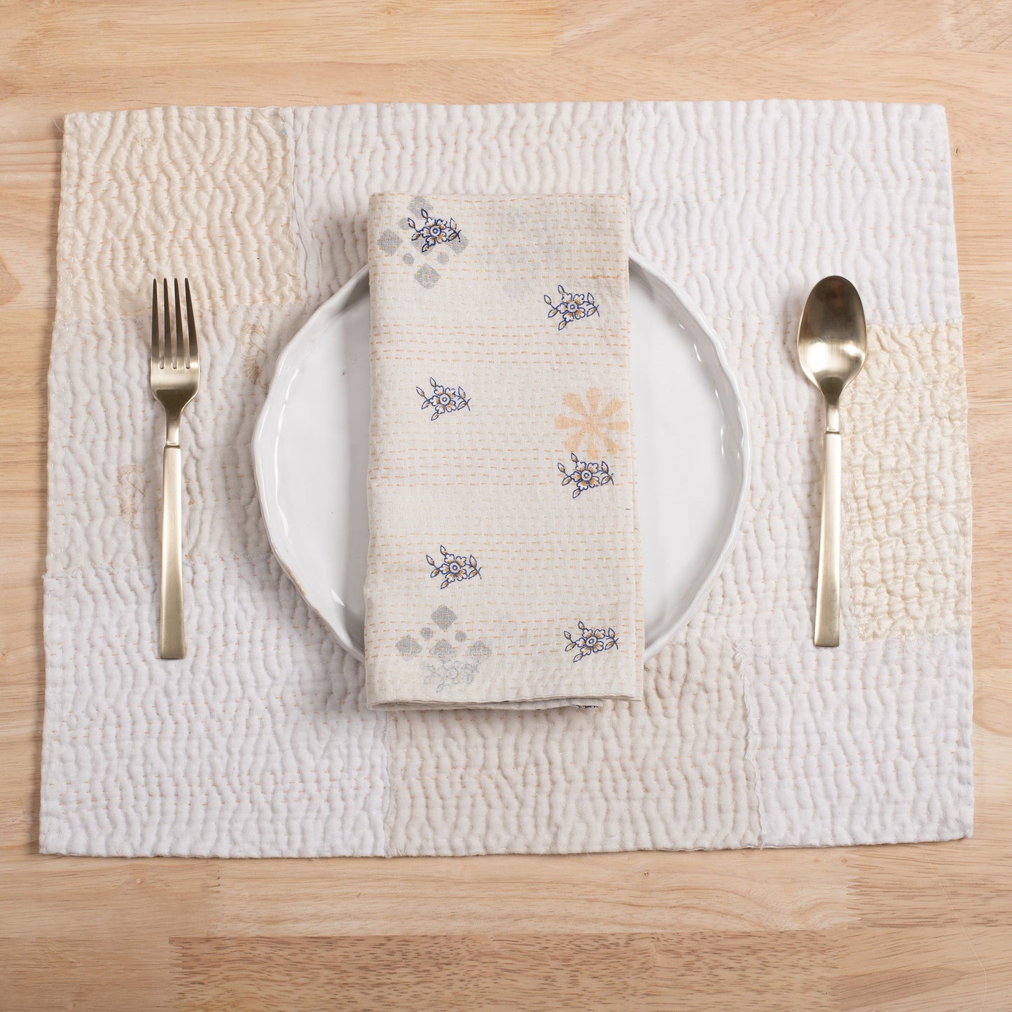 S/2 Mosaic Fray Patch Kantha Placemat - Cauliflower