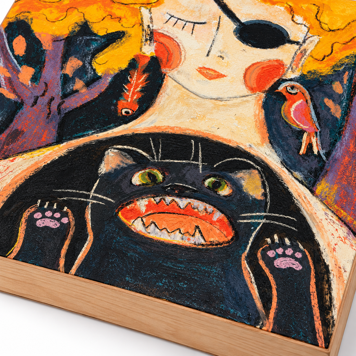 Inner Animal: Woman and Black Cat Whimsical Pastel Art Print on Board