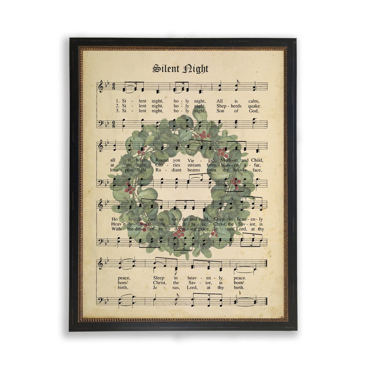 Silent Night Sheet Music With Wreath in Black and Gold Beaded Frame