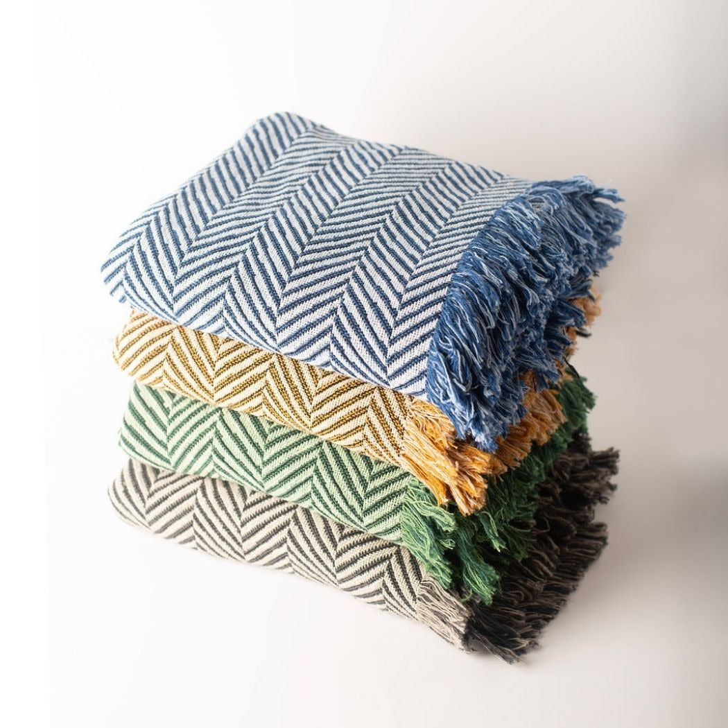 Blue Herringbone Jacquard Woven Throw