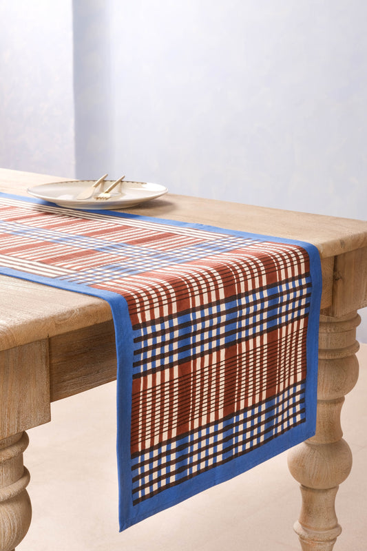 Shetland Plaid Blockprint Tablerunner in Brown and Blue