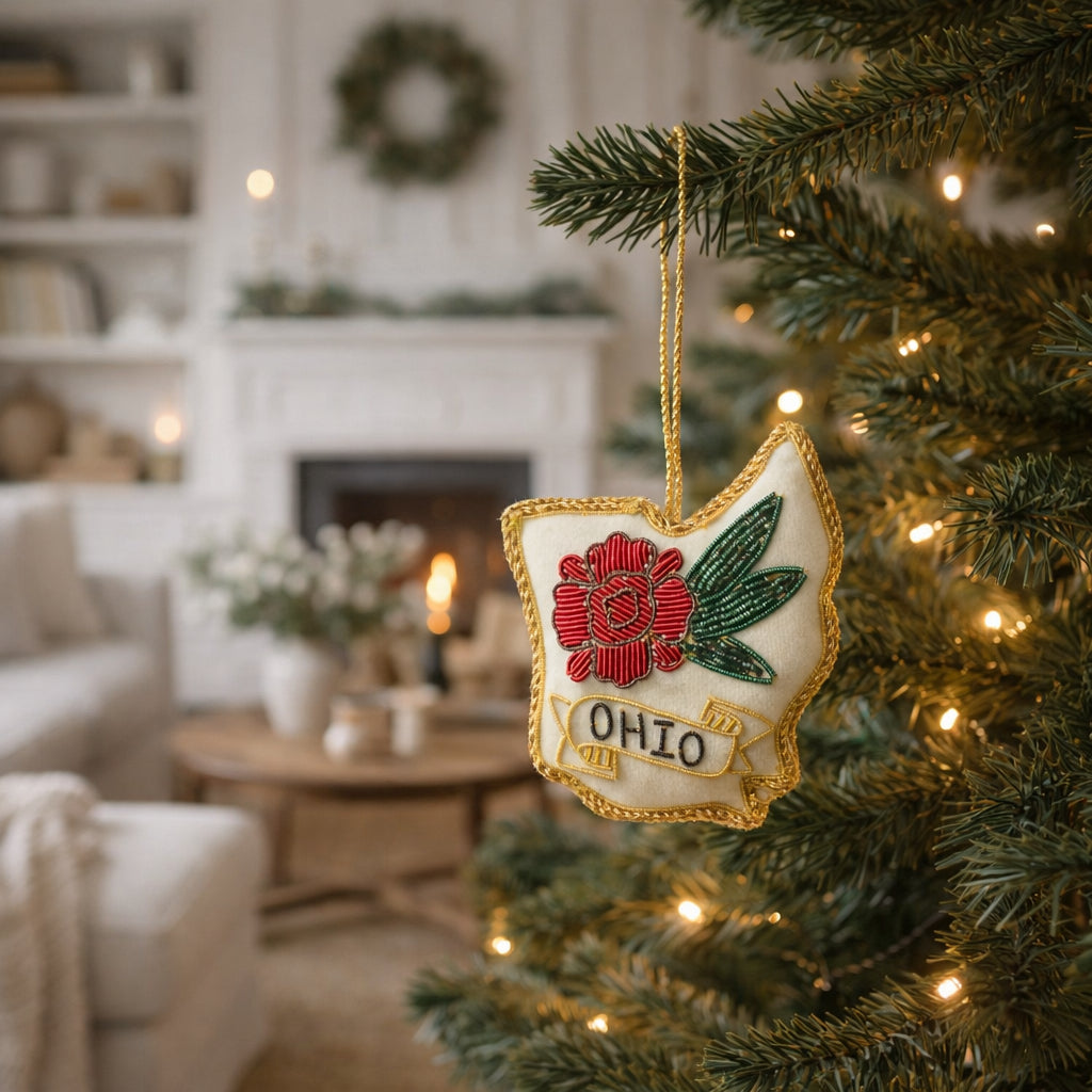 Ohio State Carnation Beaded Fabric Ornament - Embroidered