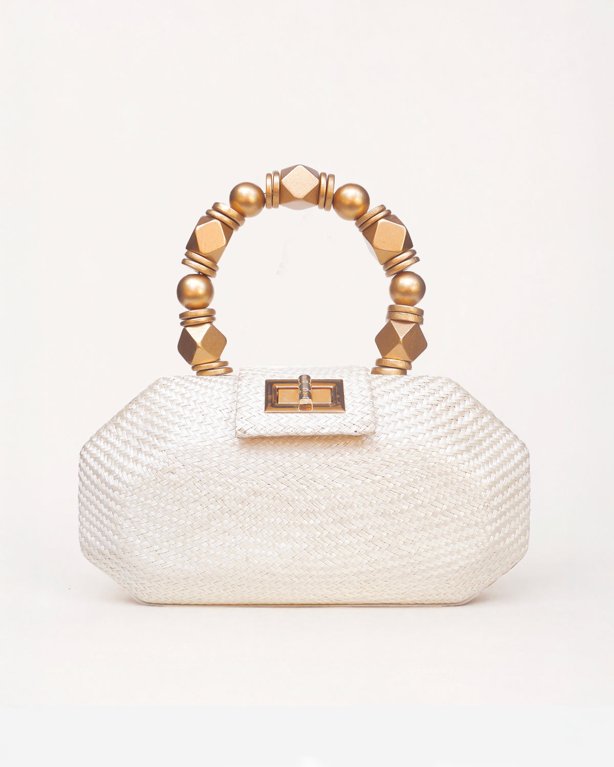THE MELIA — Cream Woven Straw Clutch with Beaded Top Handle