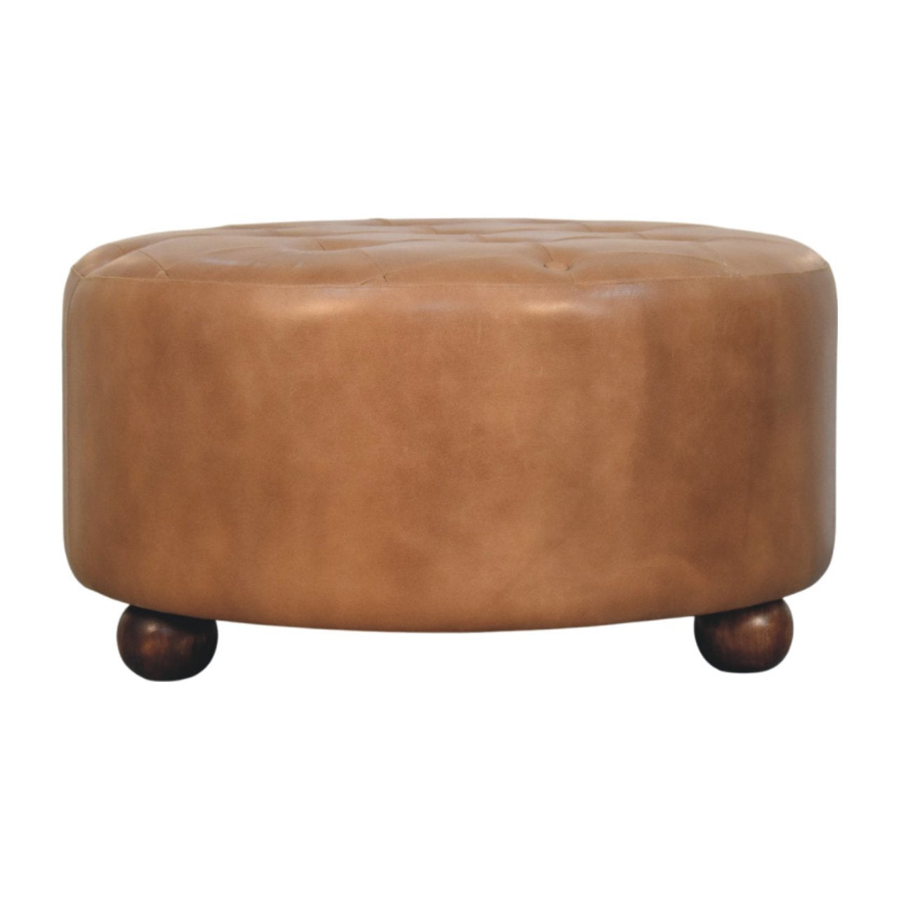 Brown Buffalo Hide Leather Upholstered Round Ottoman