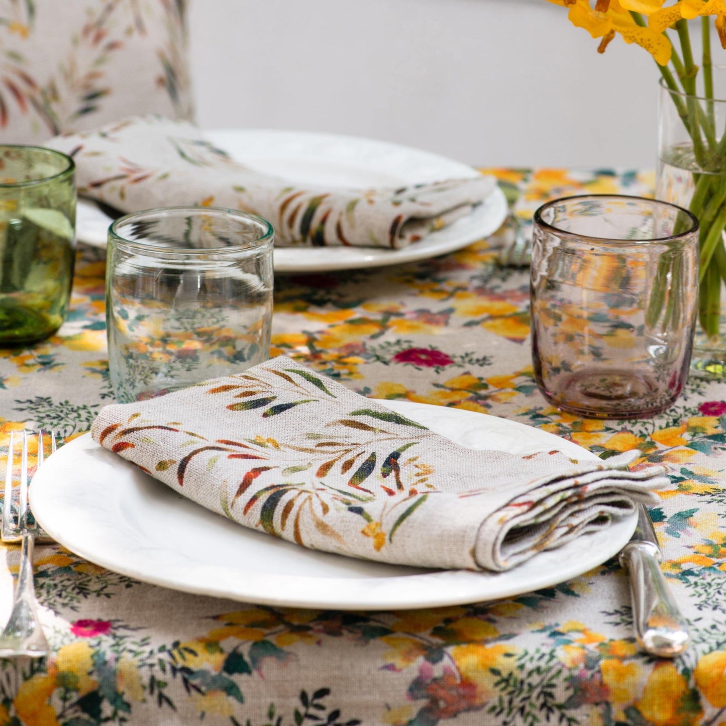 6 Organic Linen Napkins in Red Palm