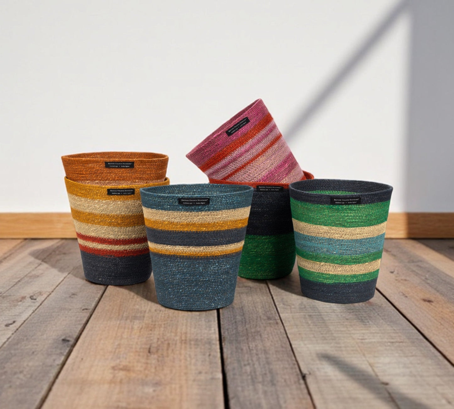 Striped Seagrass Waste Paper Baskets - Mixed Set of 6