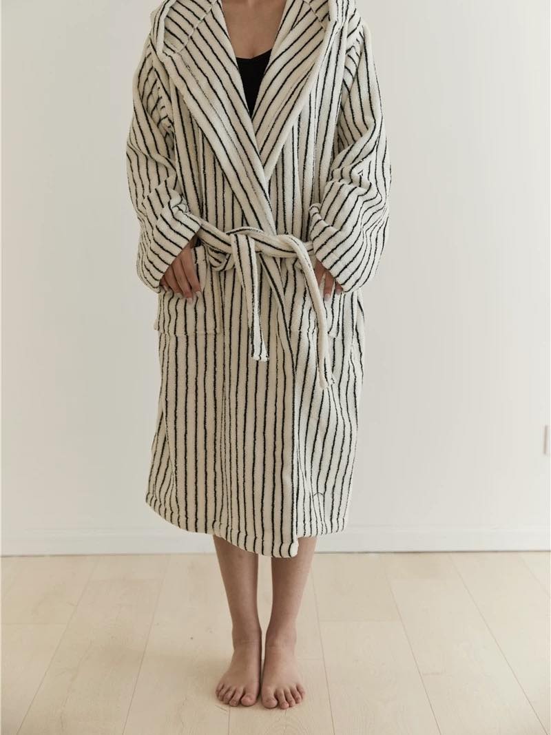 Scandi Retro 100% Long-stapled Cotton Stripe Hooded Bathrobe