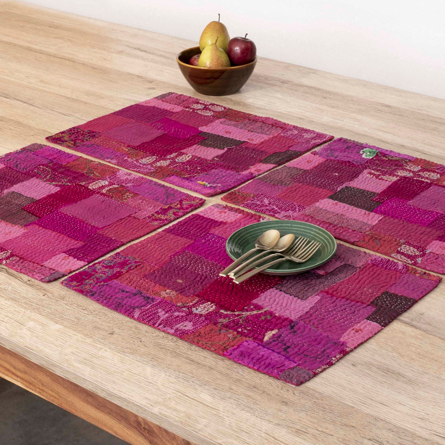 Printed Fray Vintage Cotton Kantha Placemat - Pink (Set of 2)
