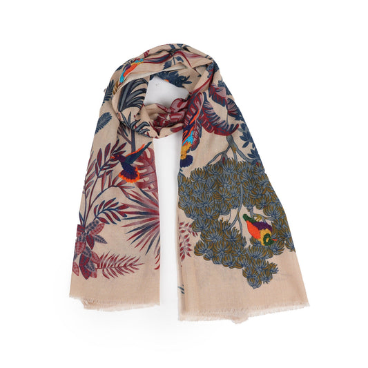 Woodland Embroidered Wool Scarf - Vanilla