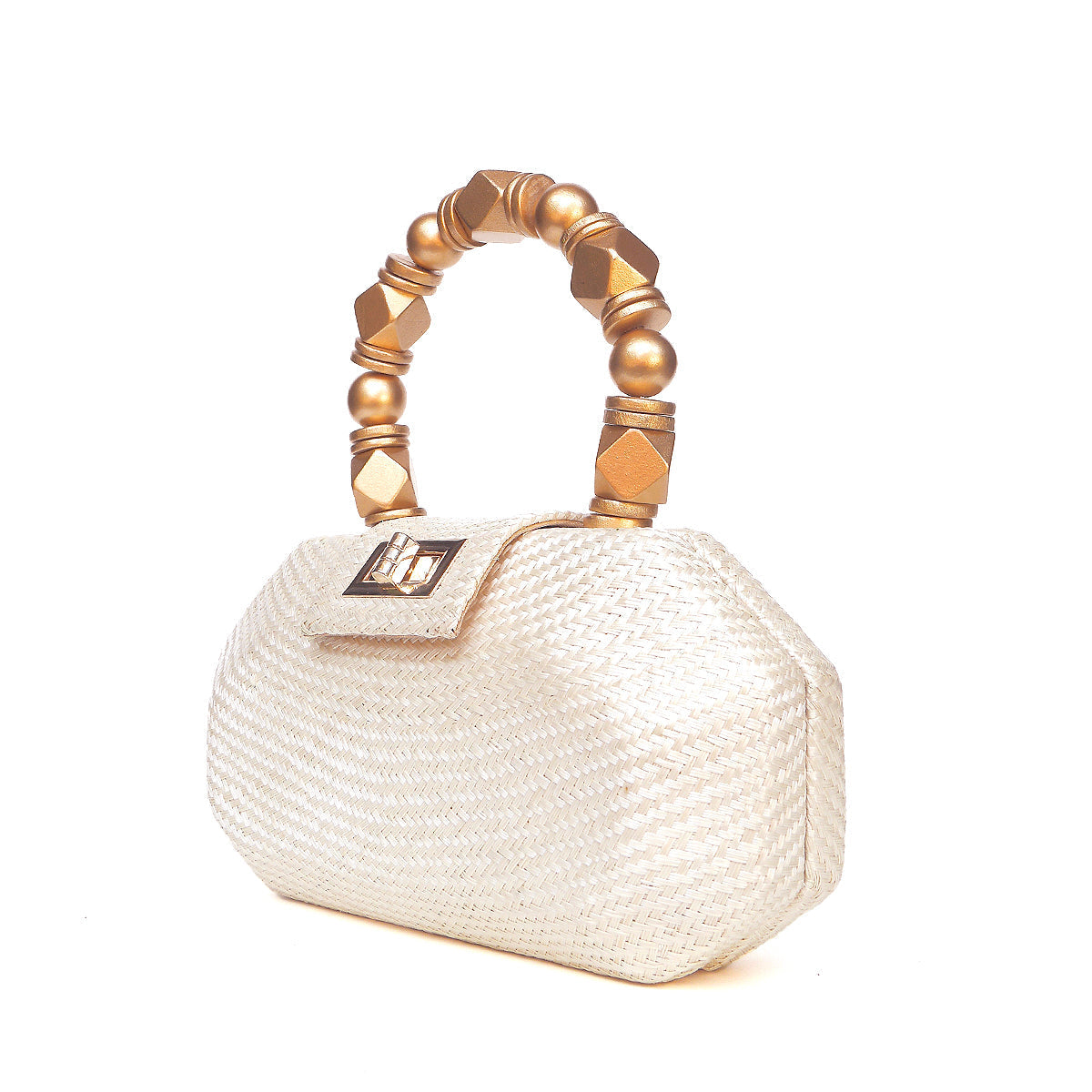 THE MELIA — Cream Woven Straw Clutch with Beaded Top Handle