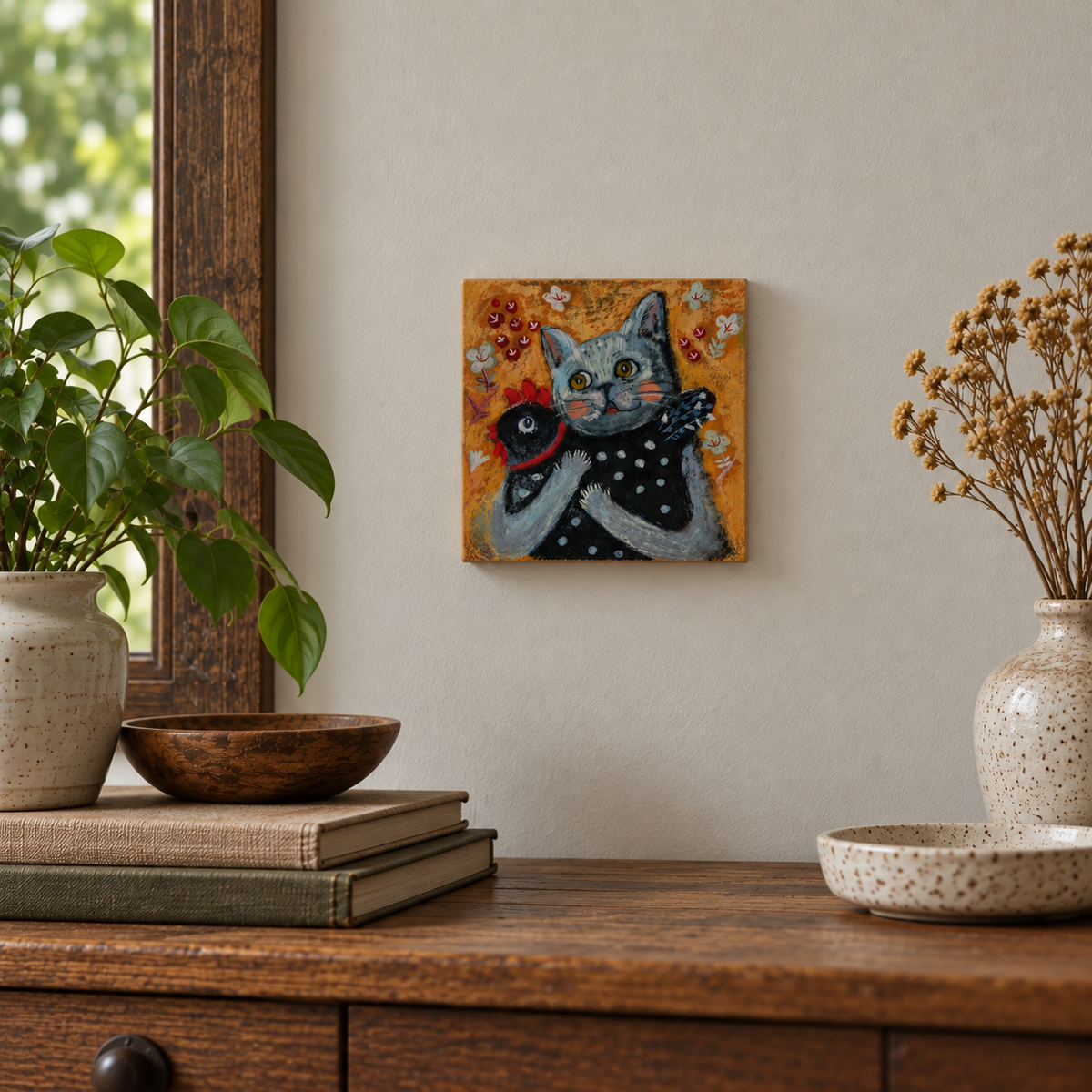 Echoes of Innocence: Cat Hugging a Chicken, Whimsical Pastel Art Print on Board