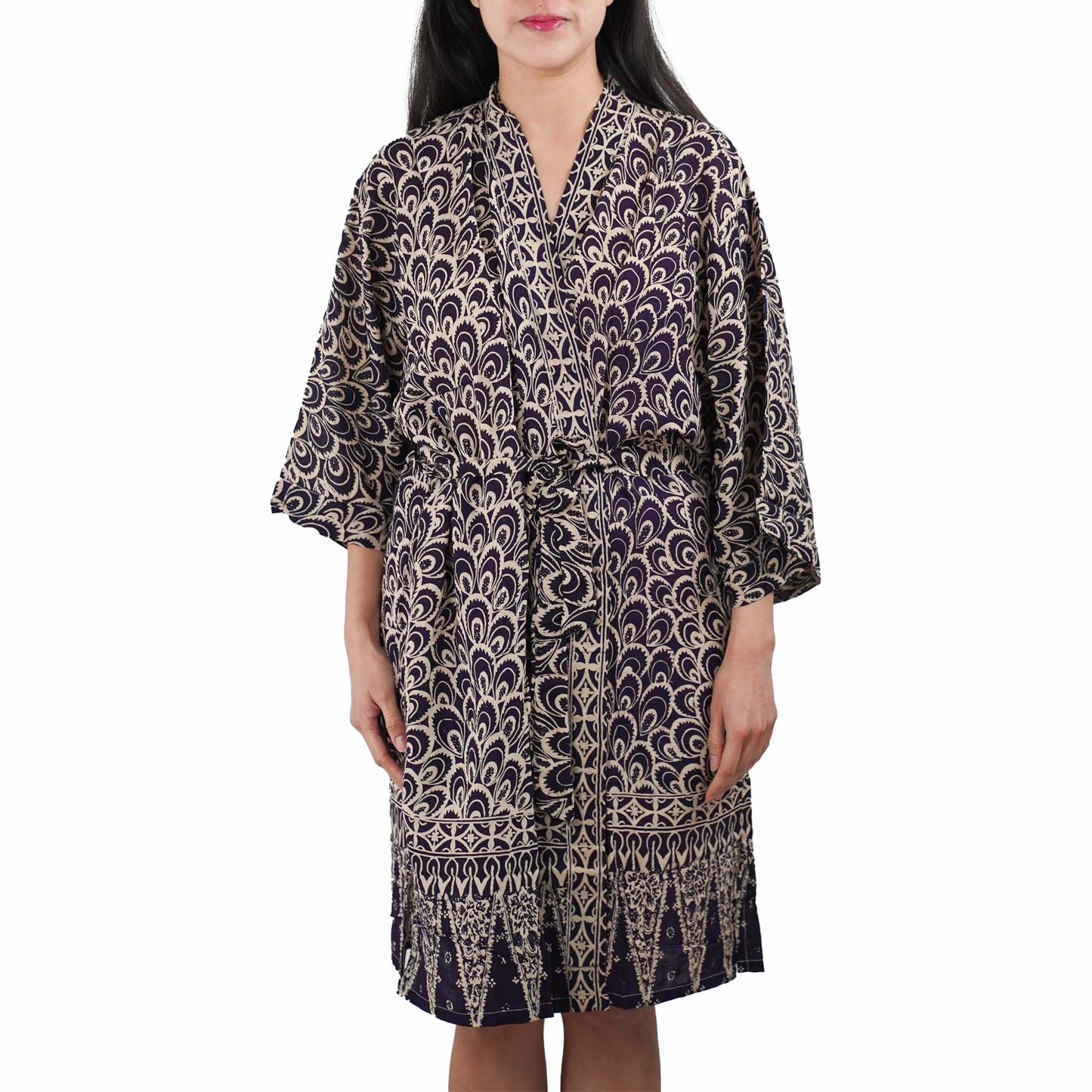 Handmade Batik Robe Kimono, 100% Cotton Soft, Hand Dyed, Black Gray Peacock