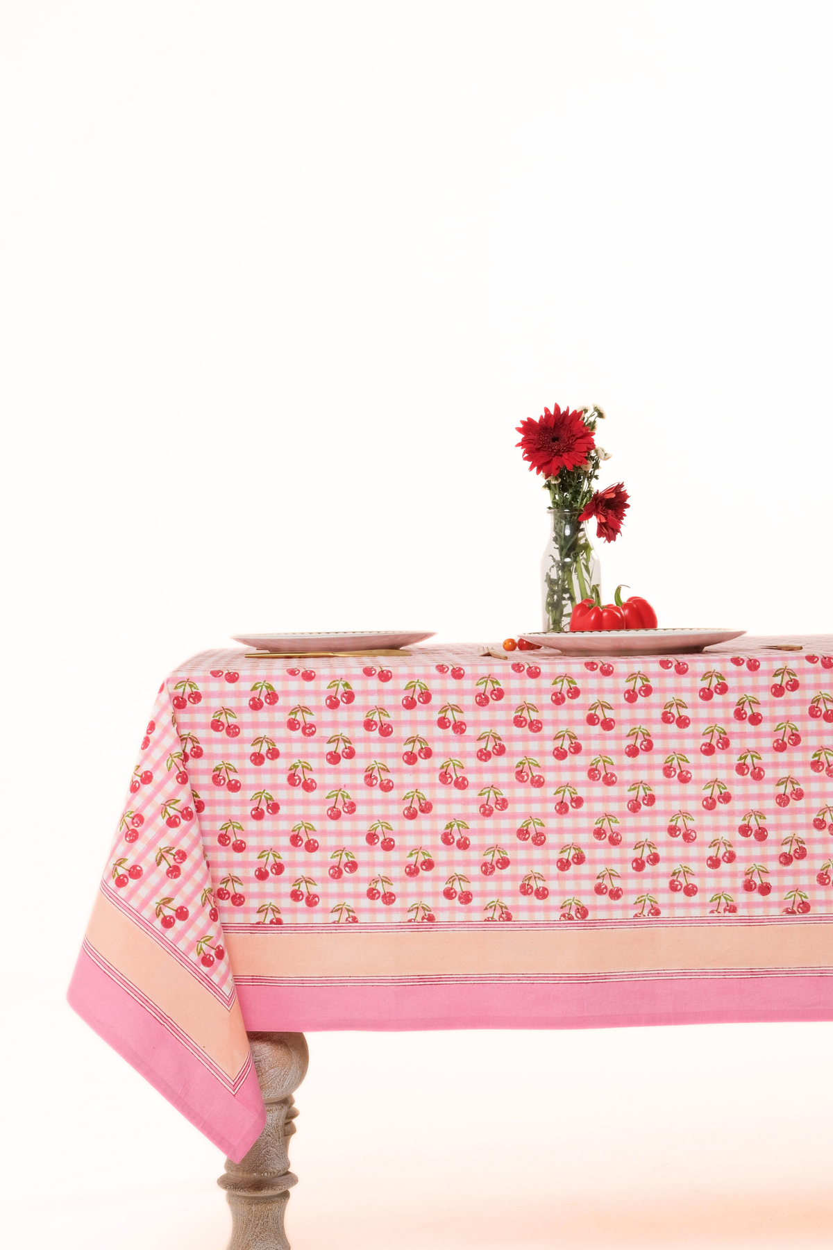 Cherry Blockprint Tablecloth in Red Gingham