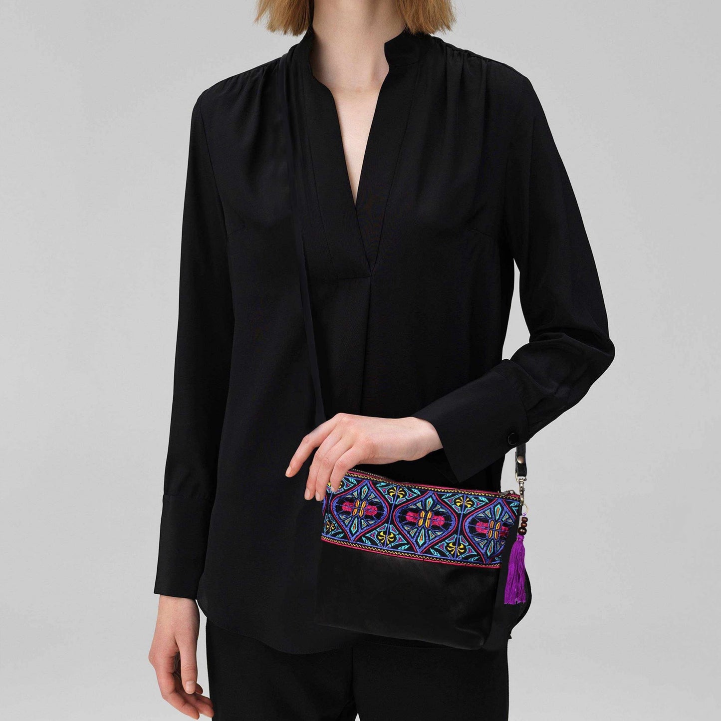 Convertible Embroidered Leather Crossbody / Clutch Bag - Thailand