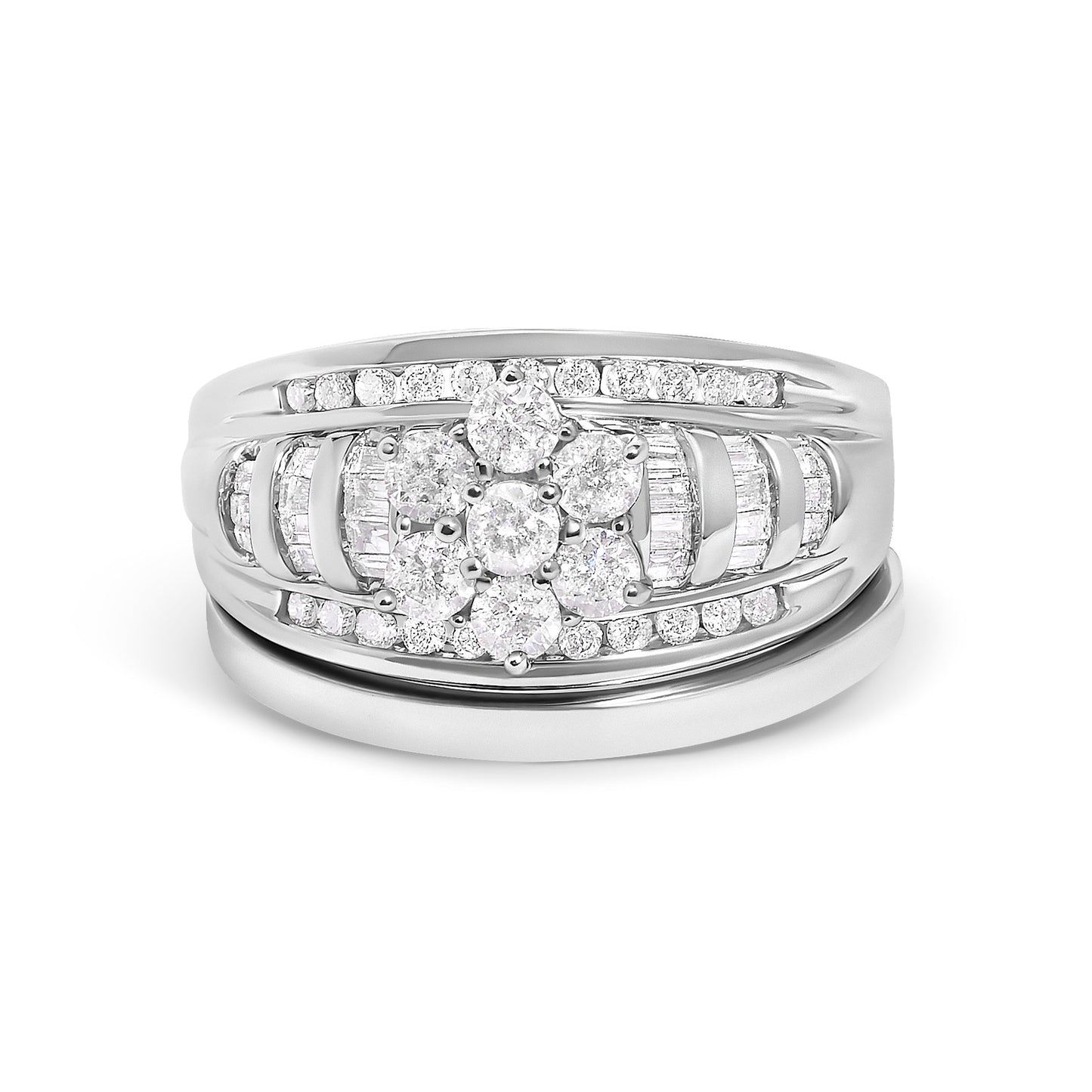14K White Gold 1.0 Cttw Round and Baguette Diamond Cluster Bridal Set