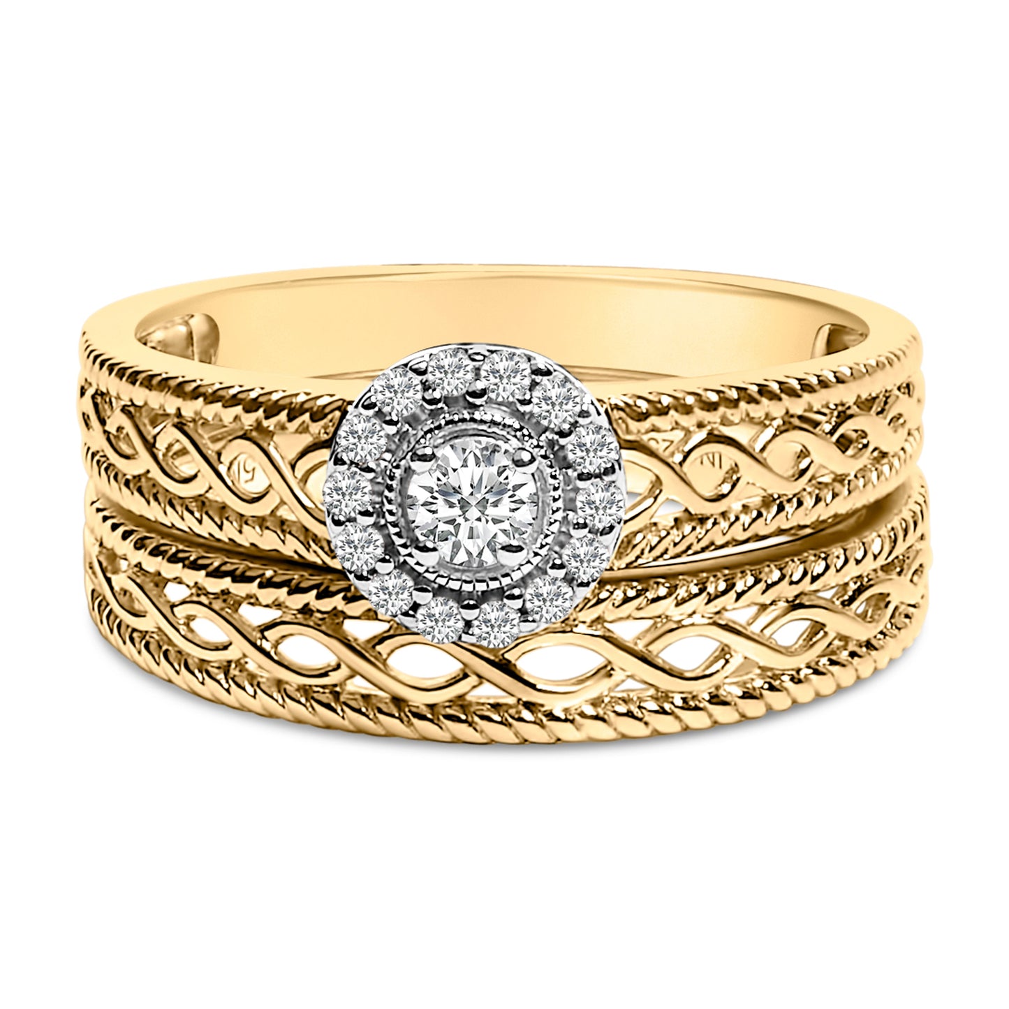 14K Yellow Gold Plated .925 Sterling Silver 1/5 Cttw Diamond Halo Engagement Ring and Wedding Band Set (I-J Color, I3 Clarity) - Size 7