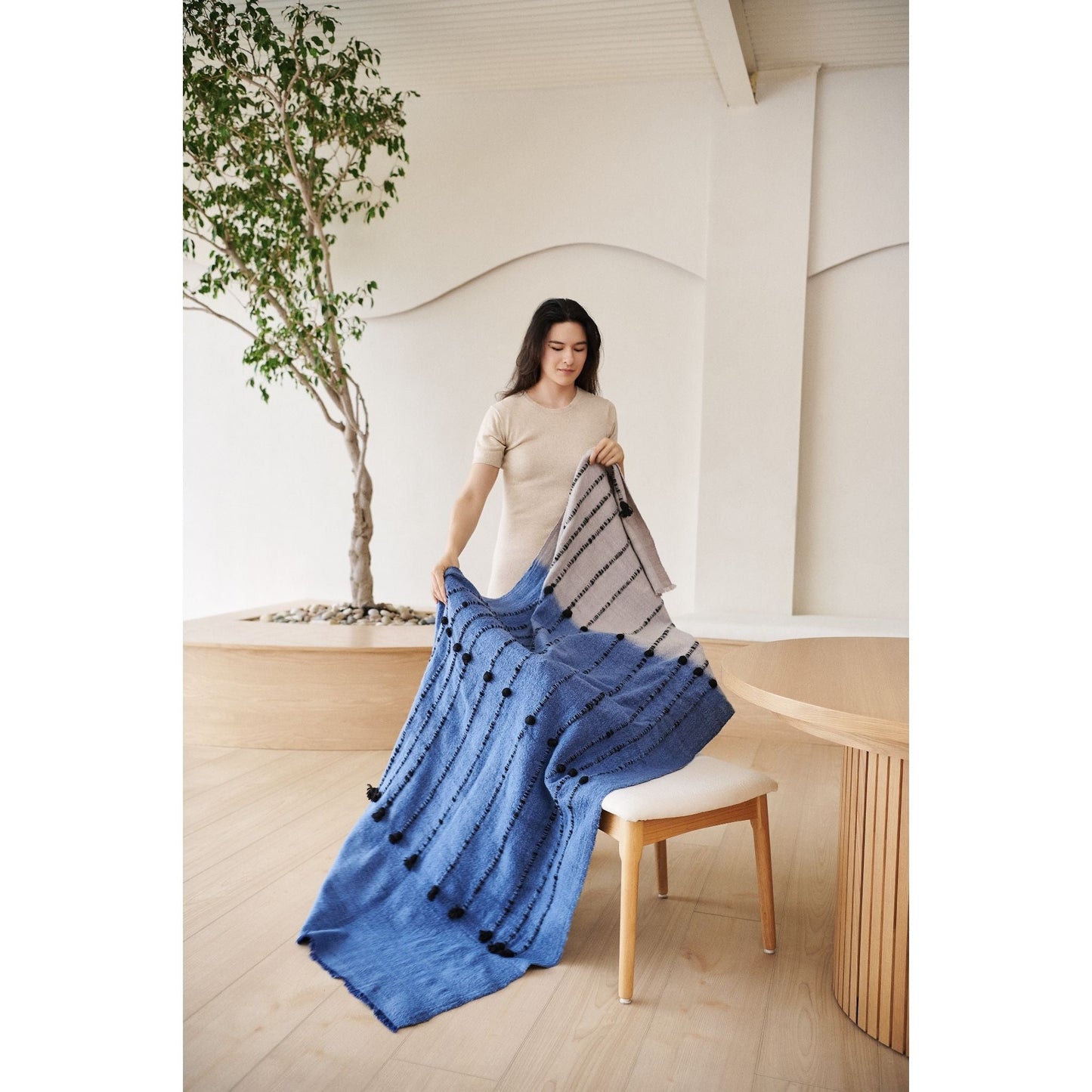 Mari Blue Gray Calming Hues Hand Woven Hand Knotted Textured Merino Throw