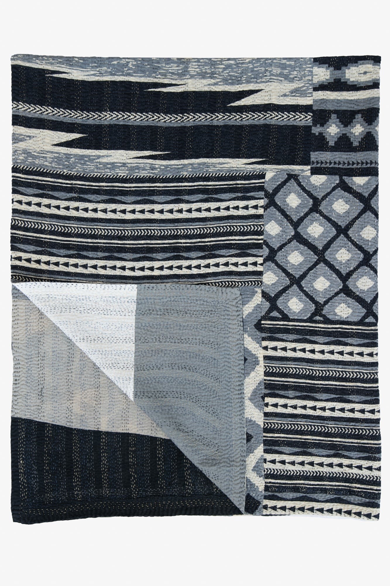 Monotone Ikat  Vintage Kantha Throw - Monotone Black