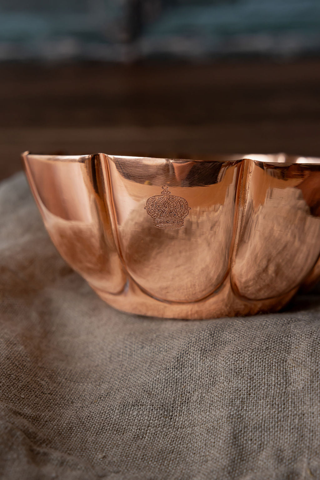 Vintage Inspired Copper Fluted Bowls with Crown Engraving – Set of 2