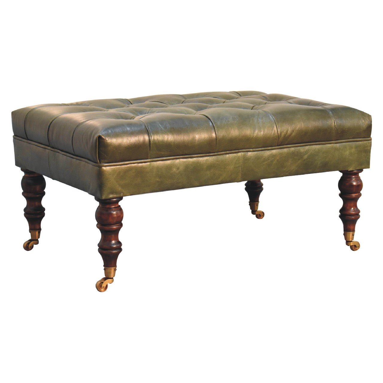 Buffalo Leather Upholstered Ottoman with Castor Legs
