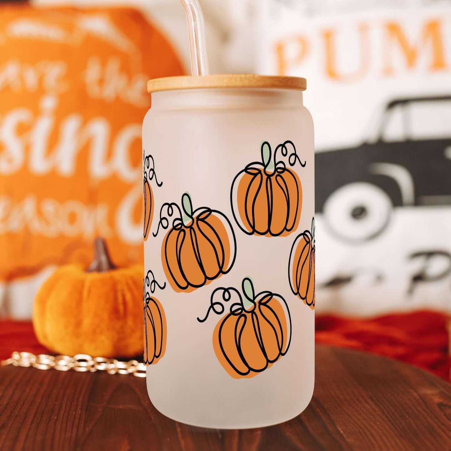 Fall Pumpkins Cup With Lid and Straw