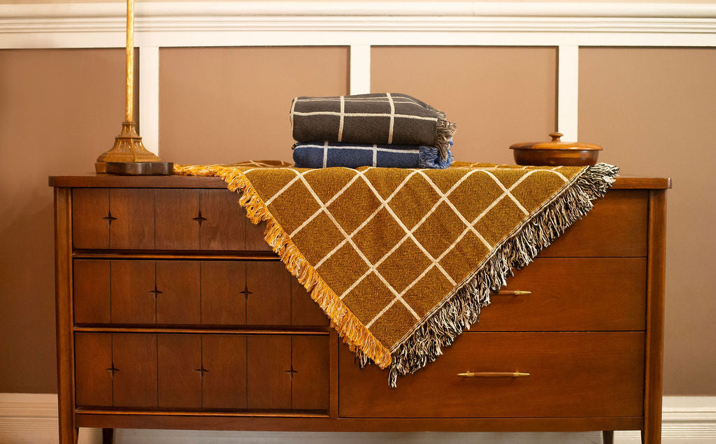 Golden Brown Grid Jacquard Woven Throw