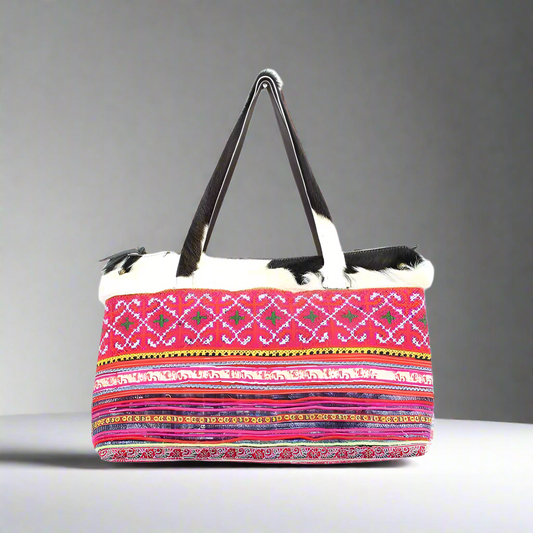 Upcycled Hmong Textile Cowhide One-of-a-kind Leather Tote Purse - Thailand