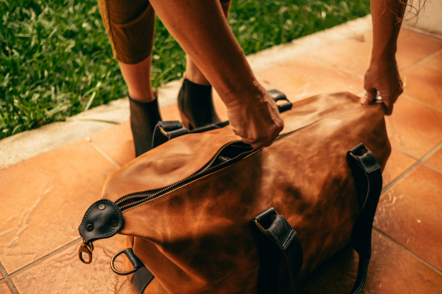 Leather Duffel - Tan And Blue