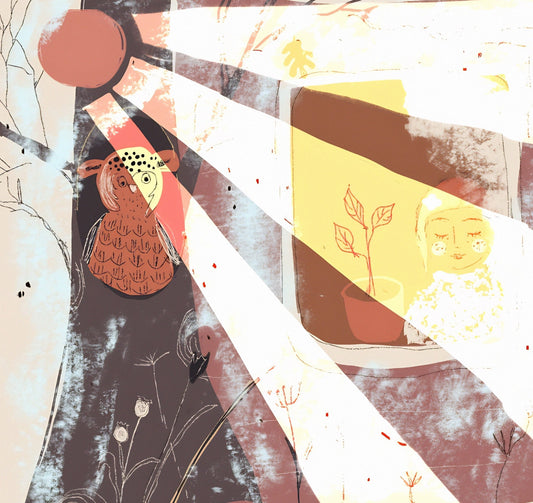 Morning Sunlight: Girl in the Window and Owl in the Tree Art Print on Board