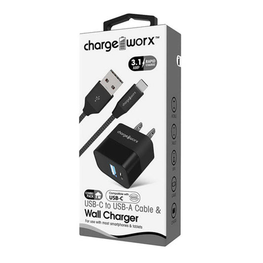 Chargeworx USB+USB-C Wall Charger & USB-C Cable, Black