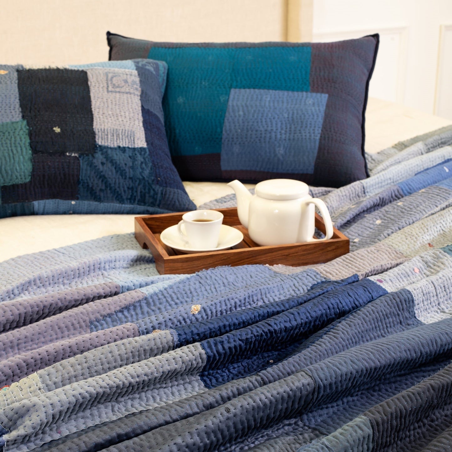 Landscape Fray Patch Vintage Kantha Throw - Navy