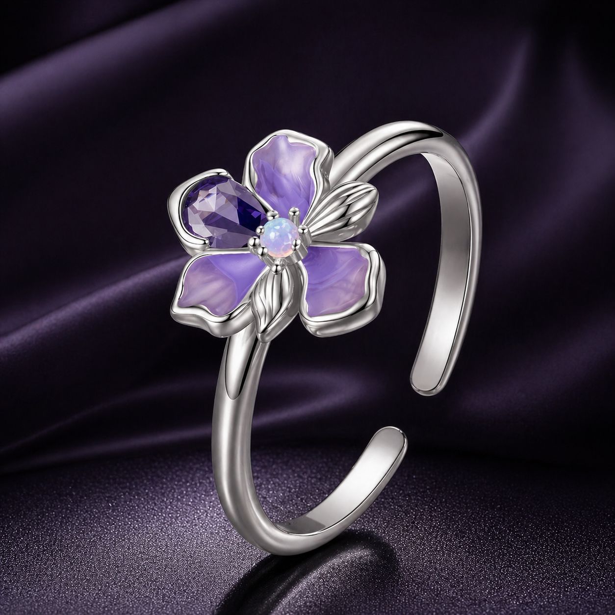 925 Sterling Silver Pavé Set CZ Enamel White Gold Plated Nano Opal Pendant Ring
