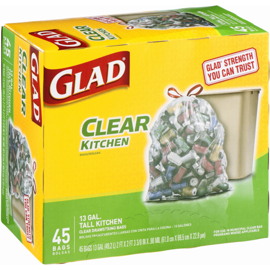 Glad Recycling Tall Drawstring Kitchen Trash Bags, Clear, 13 Gallon