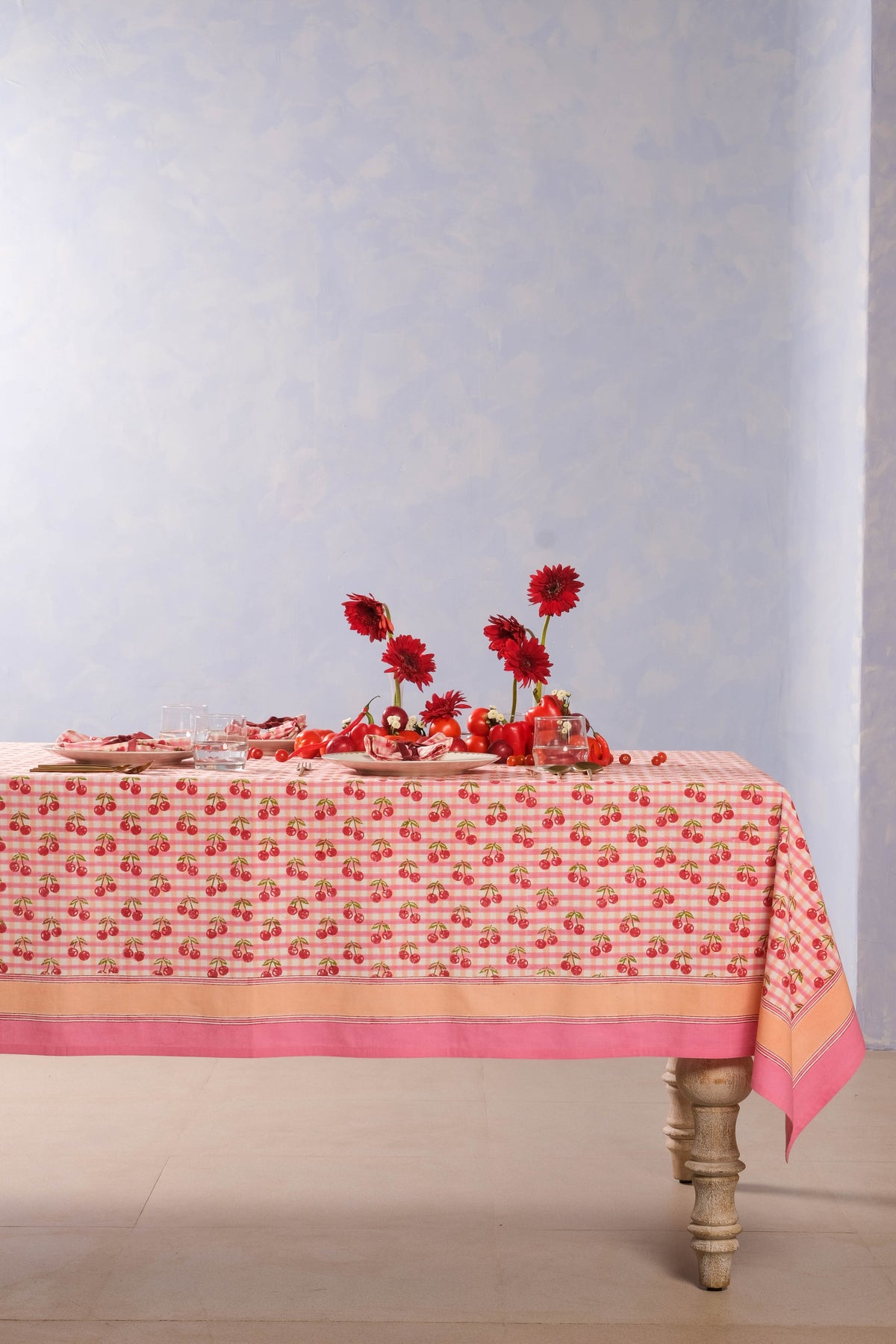Cherry Blockprint Tablecloth in Red Gingham