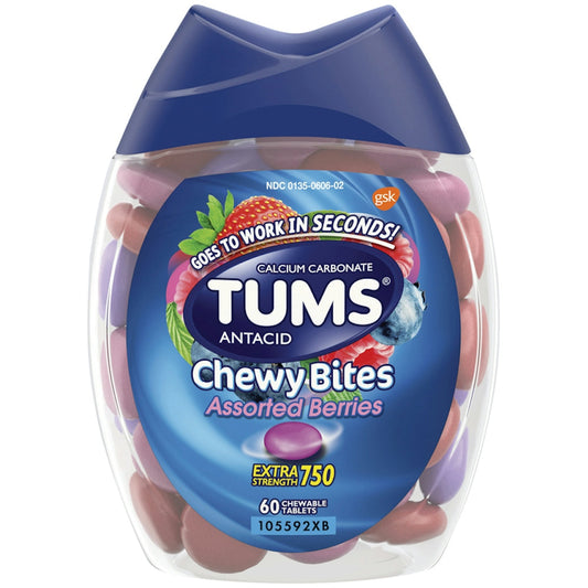 Tums Antacid, Chewy Bites, Extra Strength, 750 Mg, Chewable Tablets, Assorted Berries