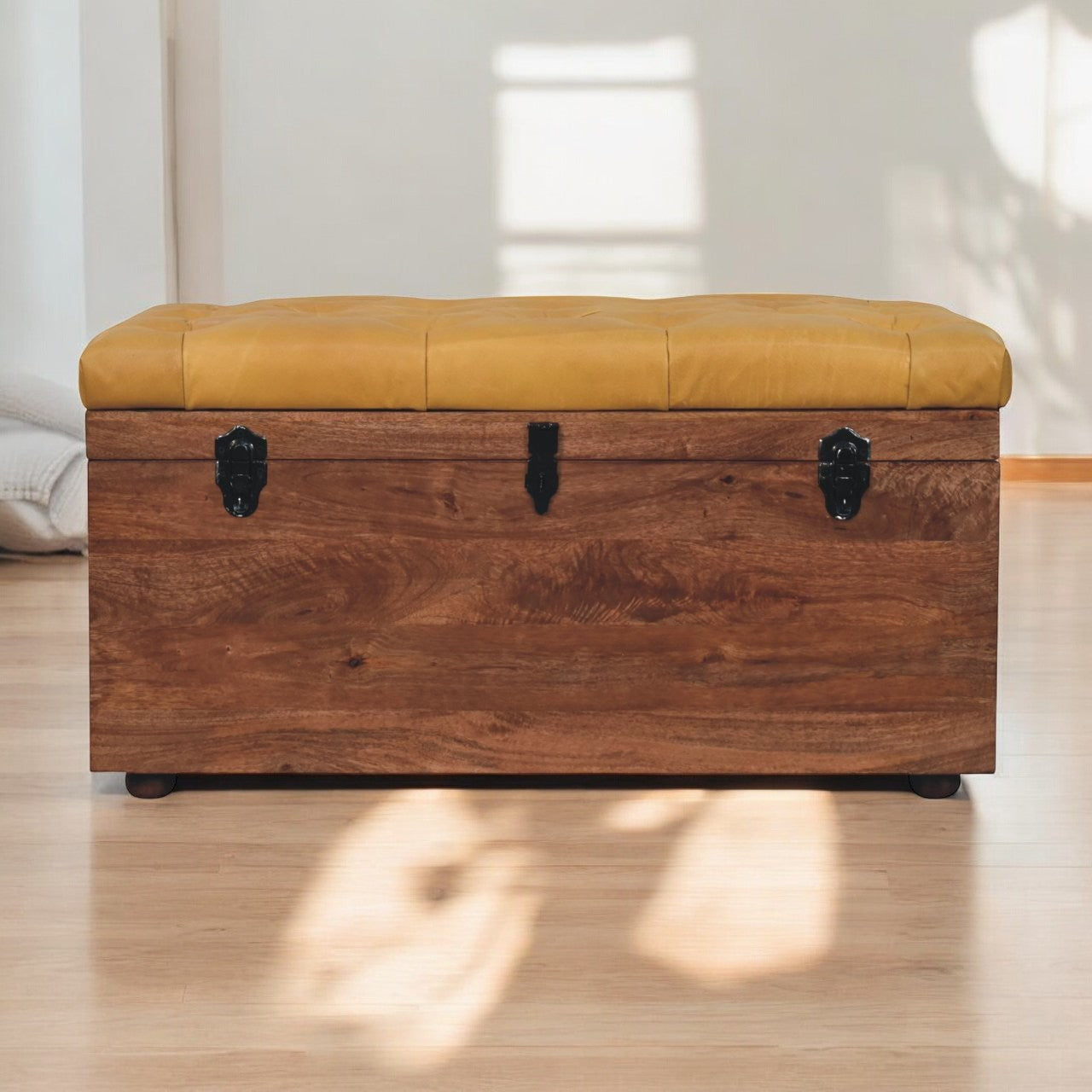 Solid Wood Buffalo Hide Honey Caramel Storage Trunk